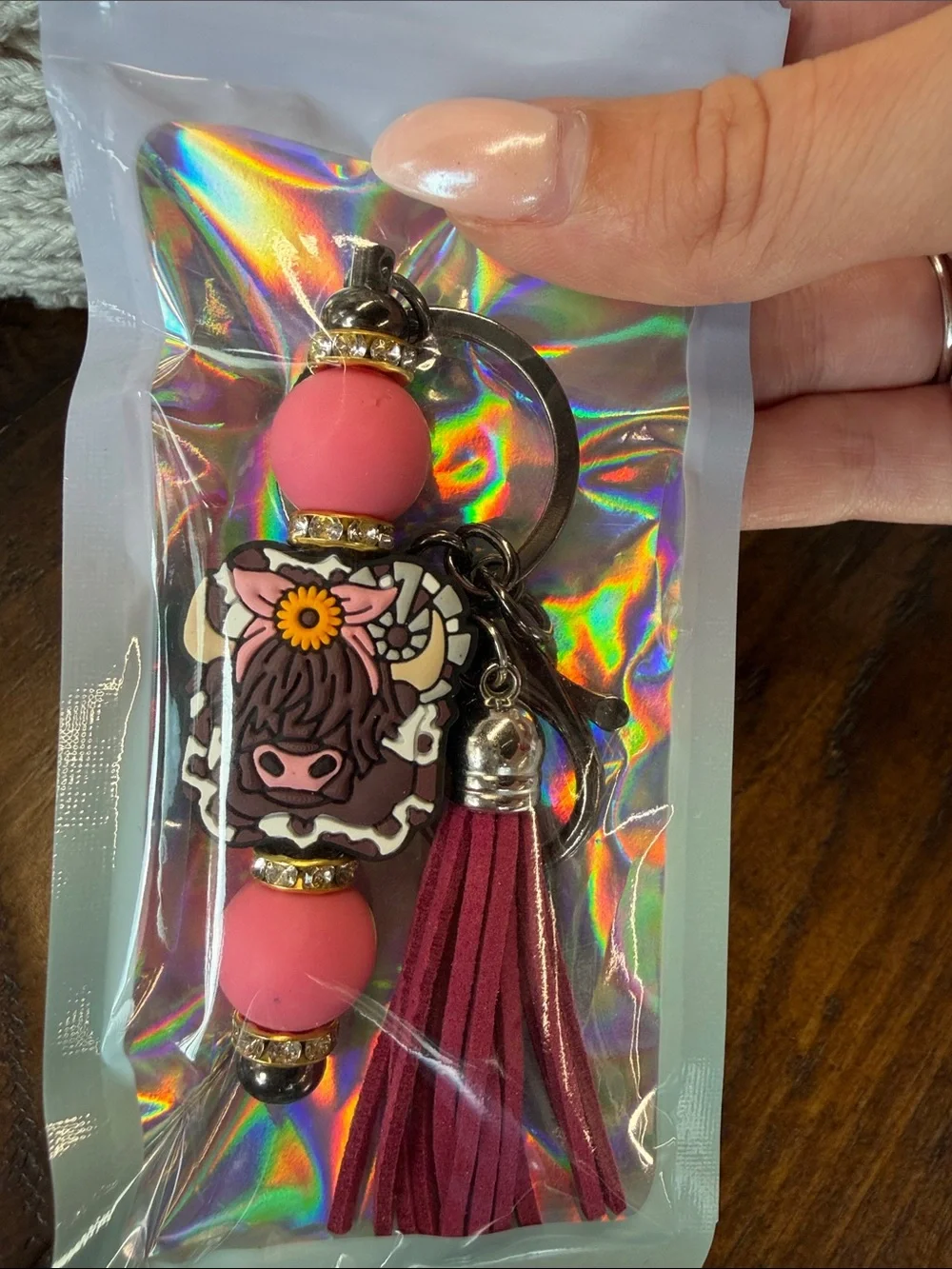 Pink Cow Bead Tassel Keychain - Women Accessories